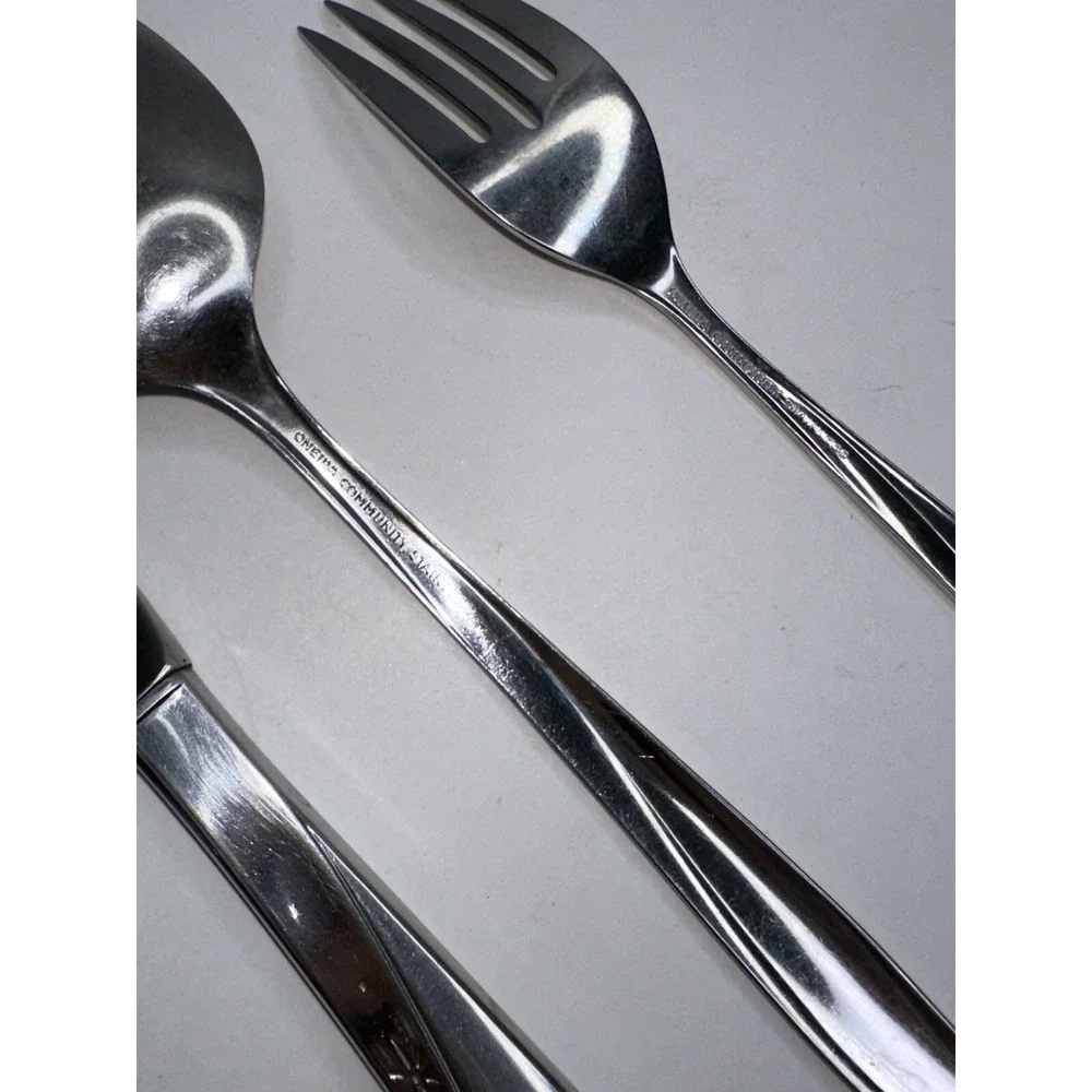 Oneida Community Twin Star MCM Serving Spoon Fork Knife Stainless Flatware  3 Pc